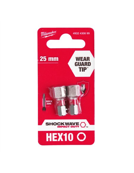 Biți Hex pentru șurubelnițe SHOCKWAVE IMPACT DUTY - Milwaukee - Shockwave Hex 10 mm x 25 mm - 2 pcs - cod 4932430899