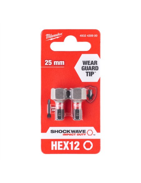Biți Hex pentru șurubelnițe SHOCKWAVE IMPACT DUTY - Milwaukee - Shockwave Hex 12 mm x 25 mm - 2 pcs - cod 4932430900