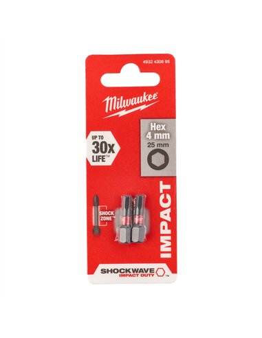 Biți Hex pentru șurubelnițe SHOCKWAVE IMPACT DUTY - Milwaukee - Shockwave Hex 4 mm x 25 mm - 2 pcs - cod 4932430895