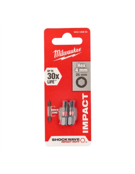 Biți Hex pentru șurubelnițe SHOCKWAVE IMPACT DUTY - Milwaukee - Shockwave Hex 4 mm x 25 mm - 2 pcs - cod 4932430895
