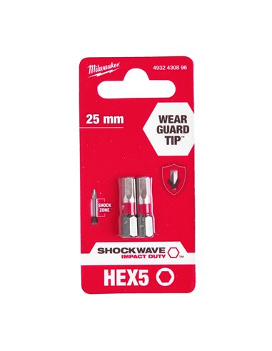 Biți Hex pentru șurubelnițe SHOCKWAVE IMPACT DUTY - Milwaukee - Shockwave Hex 5 mm x 25 mm - 2 pcs - cod 4932430896