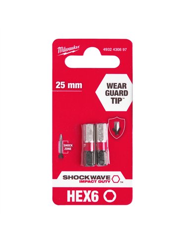 Biți Hex pentru șurubelnițe SHOCKWAVE IMPACT DUTY - Milwaukee - Shockwave Hex 6 mm x 25 mm - 2 pcs - cod 4932430897