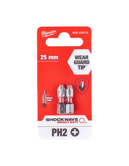 Biți PH pentru șurubelnițe SHOCKWAVE IMPACT DUTY - Milwaukee - Shockwave PH2 x 25 mm - 2 pcs - cod 4932430852