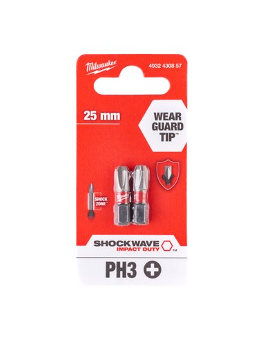 Biți PH pentru șurubelnițe SHOCKWAVE IMPACT DUTY - Milwaukee - Shockwave PH3 x 25 mm - 2 pcs - cod 4932430857
