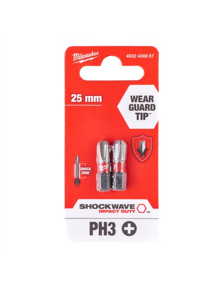Biți PH pentru șurubelnițe SHOCKWAVE IMPACT DUTY - Milwaukee - Shockwave PH3 x 25 mm - 2 pcs - cod 4932430857