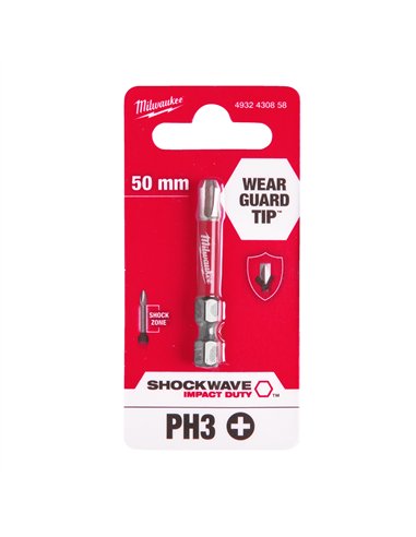 Biți PH pentru șurubelnițe SHOCKWAVE IMPACT DUTY - Milwaukee - Shockwave PH3 x 50 mm - 1 pc - cod 4932430858
