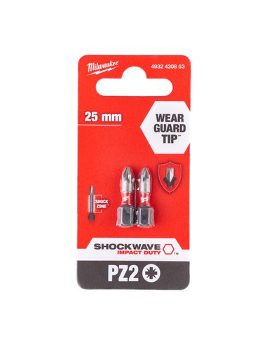 Biți PZ pentru șurubelnițe SHOCKWAVE IMPACT DUTY - Milwaukee - Shockwave PZ2 x 25 mm - 2 pcs - cod 4932430863