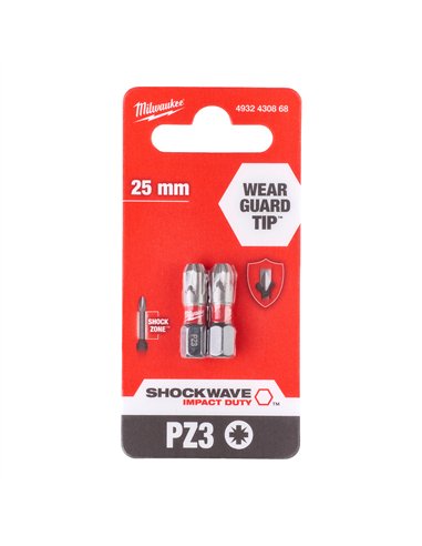 Biți PZ pentru șurubelnițe SHOCKWAVE IMPACT DUTY - Milwaukee - Shockwave PZ3 x 25 mm - 2 pc - cod 4932430868