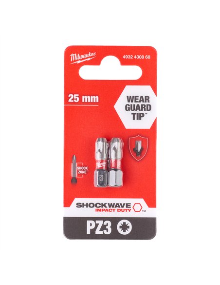 Biți PZ pentru șurubelnițe SHOCKWAVE IMPACT DUTY - Milwaukee - Shockwave PZ3 x 25 mm - 2 pc - cod 4932430868