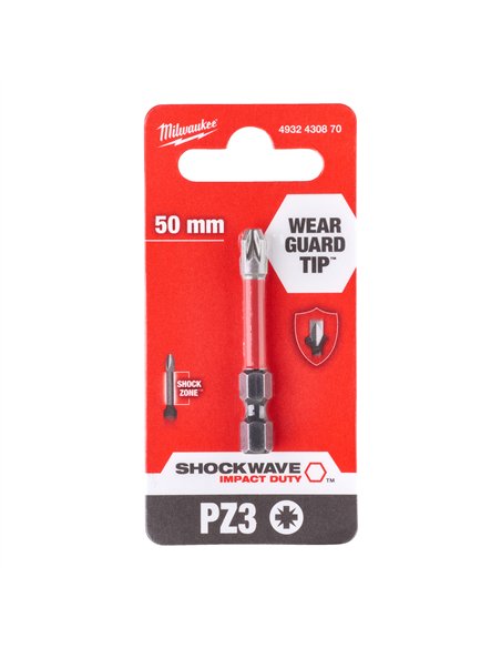 Biți PZ pentru șurubelnițe SHOCKWAVE IMPACT DUTY - Milwaukee - Shockwave PZ3 x 50 mm - 1 pc - cod 4932430870