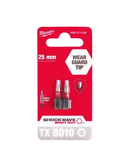 Biți TX BO pentru șurubelnițe SHOCKWAVE Impact Duty - Milwaukee - Shockwave TX BO10 x 25 mm - 2 pcs - cod 4932471580
