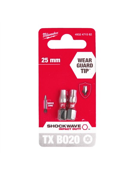 Biți TX BO pentru șurubelnițe SHOCKWAVE Impact Duty - Milwaukee - Shockwave TX BO20 x 25 mm - 2 pcs - cod 4932471582