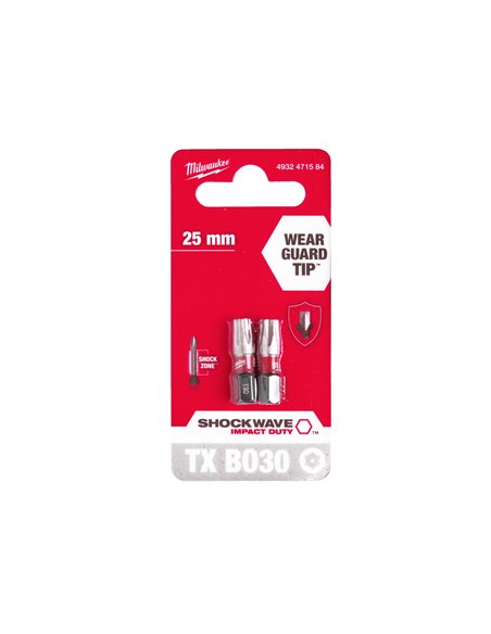 Biți TX BO pentru șurubelnițe SHOCKWAVE Impact Duty - Milwaukee - Shockwave TX BO30 x 25 mm - 2 pcs - cod 4932471584