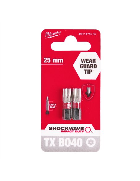 Biți TX BO pentru șurubelnițe SHOCKWAVE Impact Duty - Milwaukee - Shockwave TX BO40 x 25 mm - 2 pcs - cod 4932471585