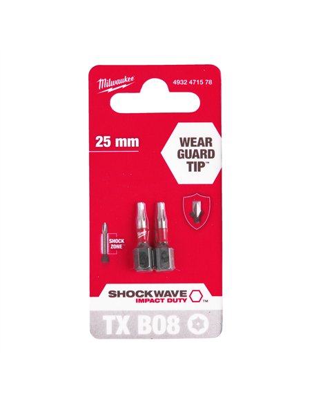 Biți TX BO pentru șurubelnițe SHOCKWAVE Impact Duty - Milwaukee - Shockwave TX BO8 x 25 mm - 2 pcs - cod 4932471578