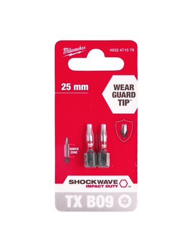 Biți TX BO pentru șurubelnițe SHOCKWAVE Impact Duty - Milwaukee - Shockwave TX BO9 x 25 mm - 2 pcs - cod 4932471579