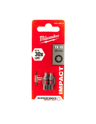 Biți TX pentru șurubelnițe SHOCKWAVE IMPACT DUTY - Milwaukee - Shockwave TX15 x 25 mm - 2 pcs - cod 4932430872