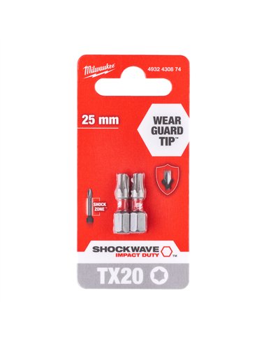 Biți TX pentru șurubelnițe SHOCKWAVE IMPACT DUTY - Milwaukee - Shockwave TX20 x 25 mm - 2 pcs - cod 4932430874