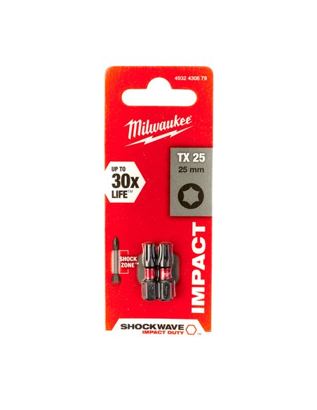 Biți TX pentru șurubelnițe SHOCKWAVE IMPACT DUTY - Milwaukee - Shockwave TX25 x 25 mm - 2 pcs - cod 4932430879