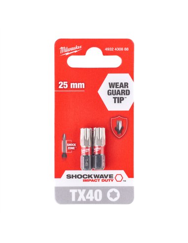Biți TX pentru șurubelnițe SHOCKWAVE IMPACT DUTY - Milwaukee - Shockwave TX40 x 25 mm - 2 pcs - cod 4932430888