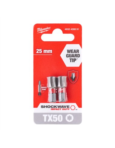 Biți TX pentru șurubelnițe SHOCKWAVE IMPACT DUTY - Milwaukee - Shockwave TX50 x 25 mm - 2 pcs - cod 4932430891