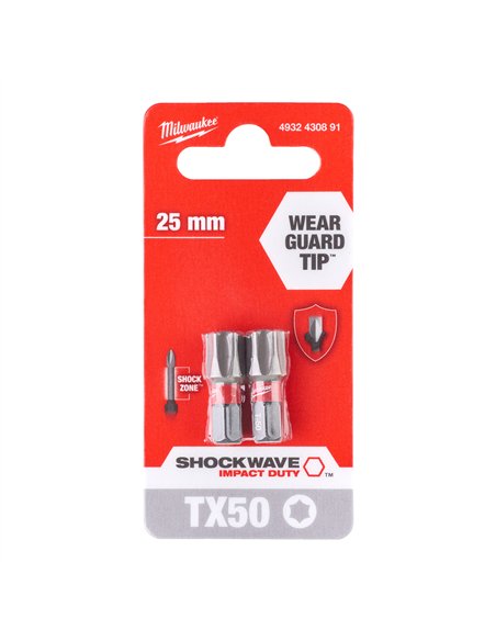 Biți TX pentru șurubelnițe SHOCKWAVE IMPACT DUTY - Milwaukee - Shockwave TX50 x 25 mm - 2 pcs - cod 4932430891