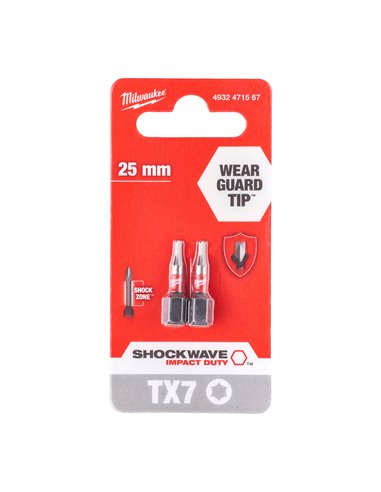 Biți TX pentru șurubelnițe SHOCKWAVE IMPACT DUTY - Milwaukee - Shockwave TX7 x 25 mm - 2 pcs - cod 4932471567
