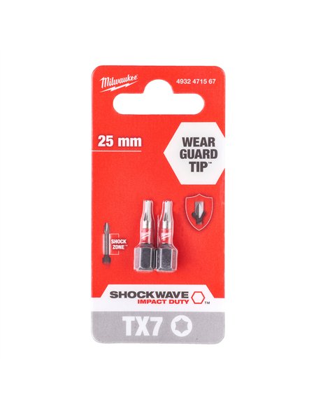 Biți TX pentru șurubelnițe SHOCKWAVE IMPACT DUTY - Milwaukee - Shockwave TX7 x 25 mm - 2 pcs - cod 4932471567