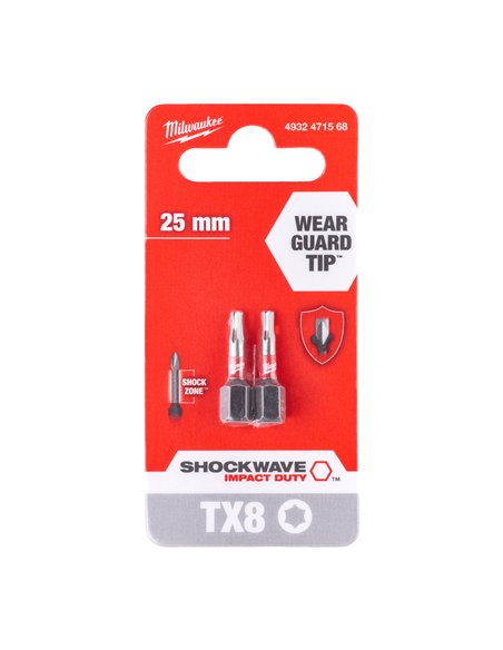 Biți TX pentru șurubelnițe SHOCKWAVE IMPACT DUTY - Milwaukee - Shockwave TX8 x 25 mm - 2 pcs - cod 4932471568