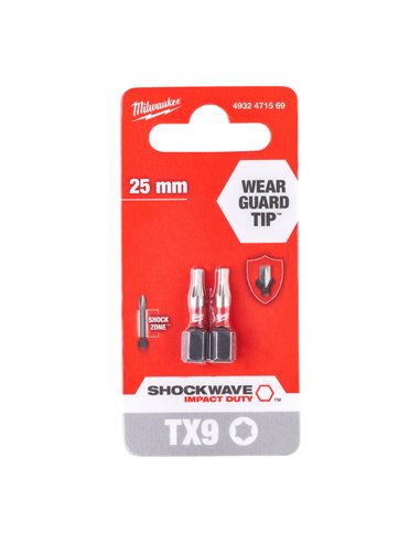 Biți TX pentru șurubelnițe SHOCKWAVE IMPACT DUTY - Milwaukee - Shockwave TX9 x 25 mm - 2 pcs - cod 4932471569