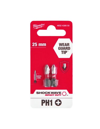 Biți PH pentru șurubelnițe SHOCKWAVE IMPACT DUTY - Milwaukee - Shockwave PH1 x 25 mm - 2 pcs - cod 4932430850