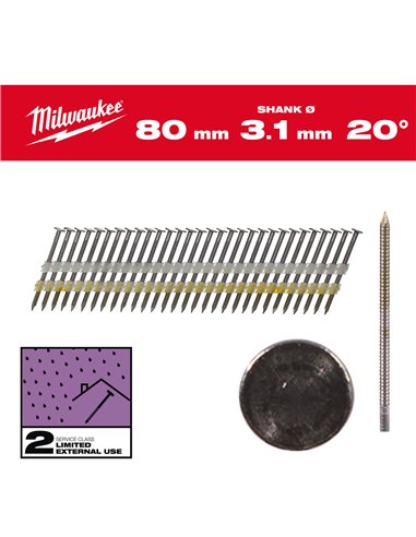 Cuie pentru pistol, 20°, cap rotund - Milwaukee - 20° Round Head 80 mm / RS / G / SC2 - 1.750 pc - cod 4932492593
