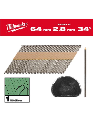 Cuie pentru pistol, 34°, cap D - Milwaukee - 34° D-Head 64 mm / SS / B / SC1 - 2.200 pc - cod 4932492596