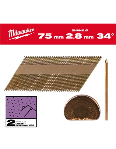 Cuie pentru pistol, 34°, cap D - Milwaukee - 34° D-Head 75 x 2.8 mm / RS / G / SC2 - 2.200 pc - cod 4932492608