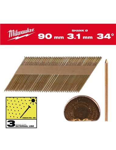 Cuie pentru pistol, 34°, cap D - Milwaukee - 34° D-Head 90 mm / RS / HDG / SC3 - 2.200 pc - cod 4932492615