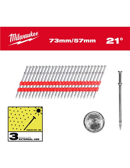 Cuie Duplex 21° - Milwaukee - Duplex Nails 21° Round Head 73 mm / 57 mm - 2000 pc - cod 4932498155