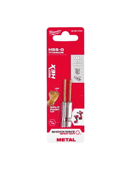 RED HEX - Burghie SHOCKWAVE HSS-Ground Titan pentru metal - Milwaukee - Shockwave HSS-G TiN Red Hex 2 mm - 2 buc - cod 48894703