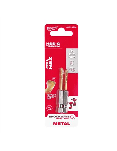 RED HEX - Burghie SHOCKWAVE HSS-Ground Titan pentru metal - Milwaukee - Shockwave HSS-G TiN Red Hex 2.5 mm - 2 buc - cod 488947