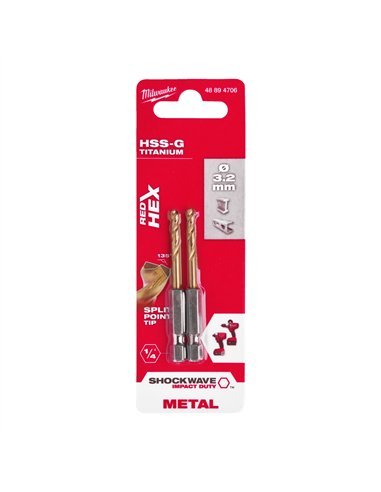 RED HEX - Burghie SHOCKWAVE HSS-Ground Titan pentru metal - Milwaukee - Shockwave HSS-G TiN Red Hex 3.2 mm - 2 buc - cod 488947