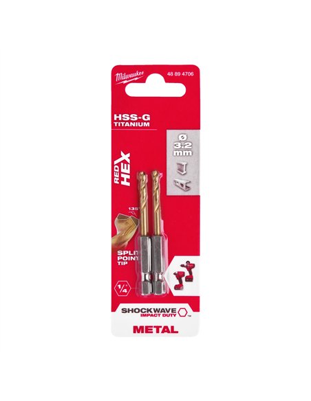 RED HEX - Burghie SHOCKWAVE HSS-Ground Titan pentru metal - Milwaukee - Shockwave HSS-G TiN Red Hex 3.2 mm - 2 buc - cod 488947