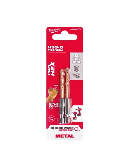 RED HEX - Burghie SHOCKWAVE HSS-Ground Titan pentru metal - Milwaukee - Shockwave HSS-G TiN Red Hex 3.5 mm - 2 buc - cod 488947