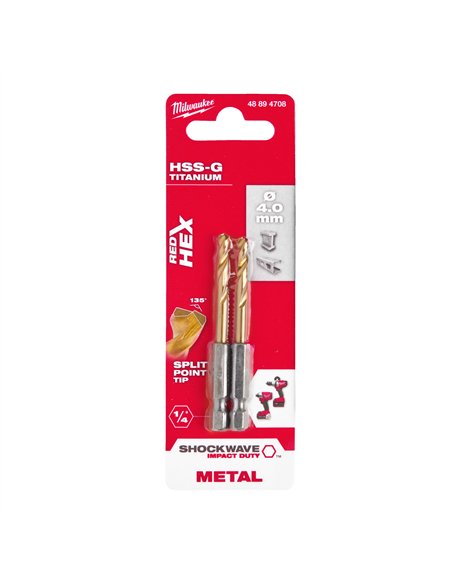 RED HEX - Burghie SHOCKWAVE HSS-Ground Titan pentru metal - Milwaukee - Shockwave HSS-G TiN Red Hex 4 mm - 2 buc - cod 48894708