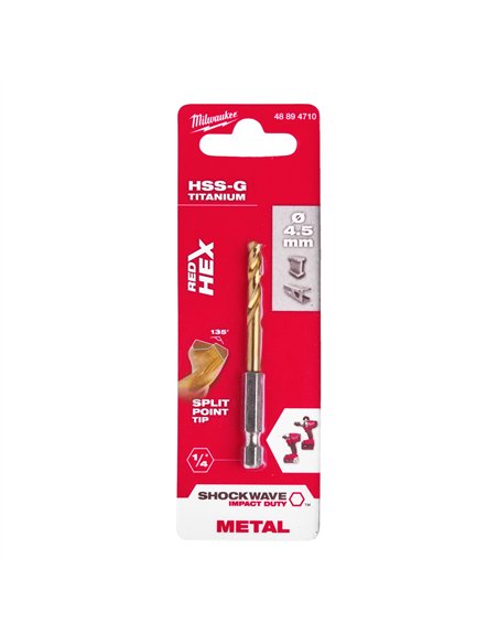 RED HEX - Burghie SHOCKWAVE HSS-Ground Titan pentru metal - Milwaukee - Shockwave HSS-G TiN Red Hex 4.5 mm - 1 buc - cod 4889471