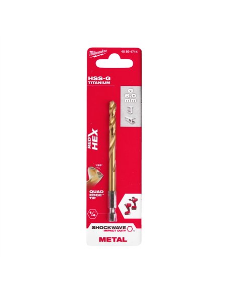 RED HEX - Burghie SHOCKWAVE HSS-Ground Titan pentru metal - Milwaukee - Shockwave HSS-G TiN Red Hex 6 mm - 1 buc - cod 48894714