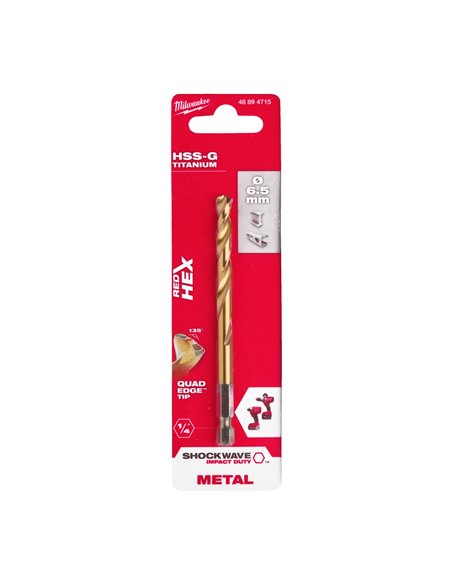 RED HEX - Burghie SHOCKWAVE HSS-Ground Titan pentru metal - Milwaukee - Shockwave HSS-G TiN Red Hex 6.5 mm - 1 buc - cod 4889471