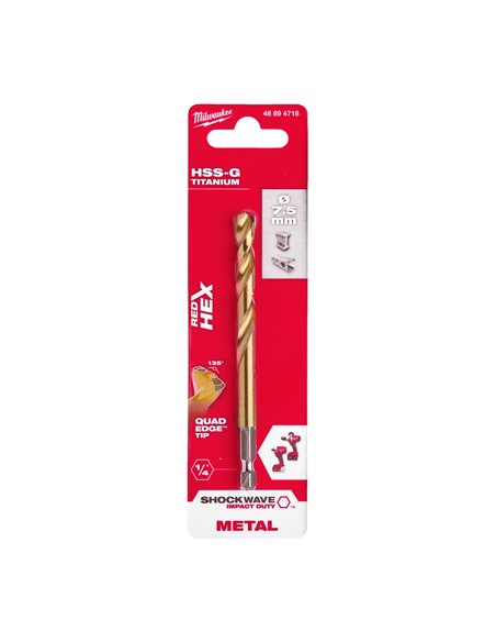 RED HEX - Burghie SHOCKWAVE HSS-Ground Titan pentru metal - Milwaukee - Shockwave HSS-G TiN Red Hex 7.5 mm - 1 buc - cod 4889471