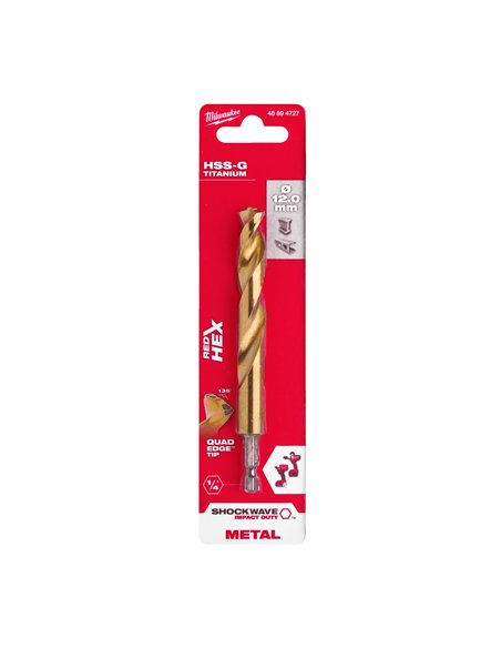 RED HEX - Burghie SHOCKWAVE HSS-Ground Titan pentru metal - Milwaukee - Shockwave HSS-G TiN Red Hex 12 mm - 1 buc - cod 48894727