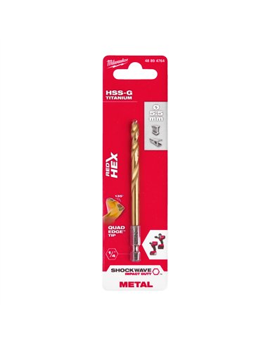 RED HEX - Burghie SHOCKWAVE HSS-Ground Titan pentru metal - Milwaukee - Shockwave HSS-G TiN Red Hex 5.5 mm - 1 buc - cod 4889476