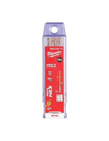 RED HEX - Burghie SHOCKWAVE HSS-Ground Titan pentru metal - Milwaukee - Shockwave HSS-G TiN Red Hex 2.5 mm - 10 buc - cod 49324