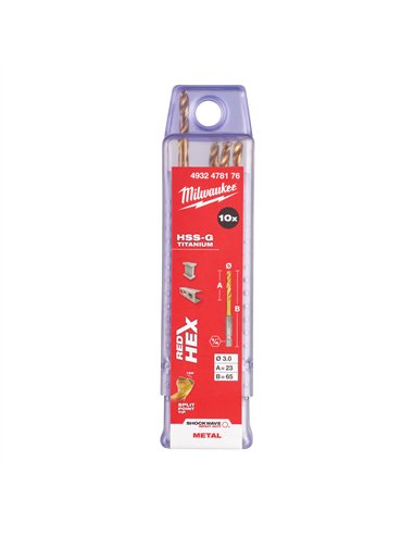 RED HEX - Burghie SHOCKWAVE HSS-Ground Titan pentru metal - Milwaukee - Shockwave HSS-G TiN Red Hex 3 mm - 10 buc - cod 4932478